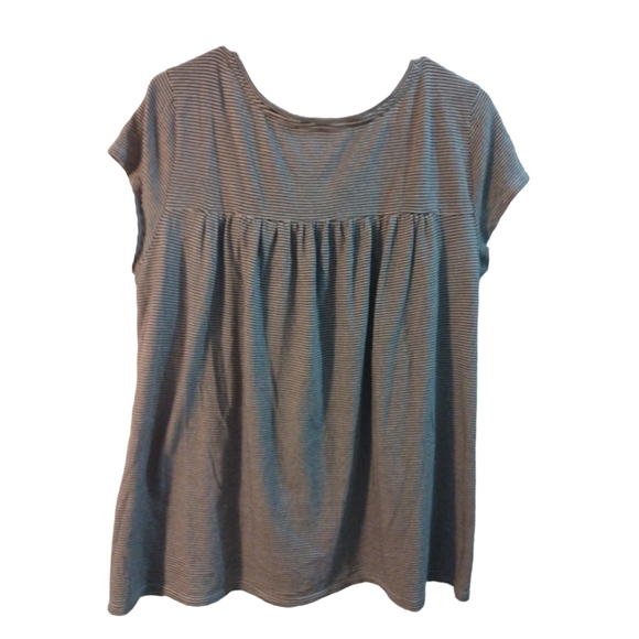 Ann Taylor Loft Dark Navy & White Striped Embroidered Ruched- Cap Sleeve Top M - Picture 6 of 8